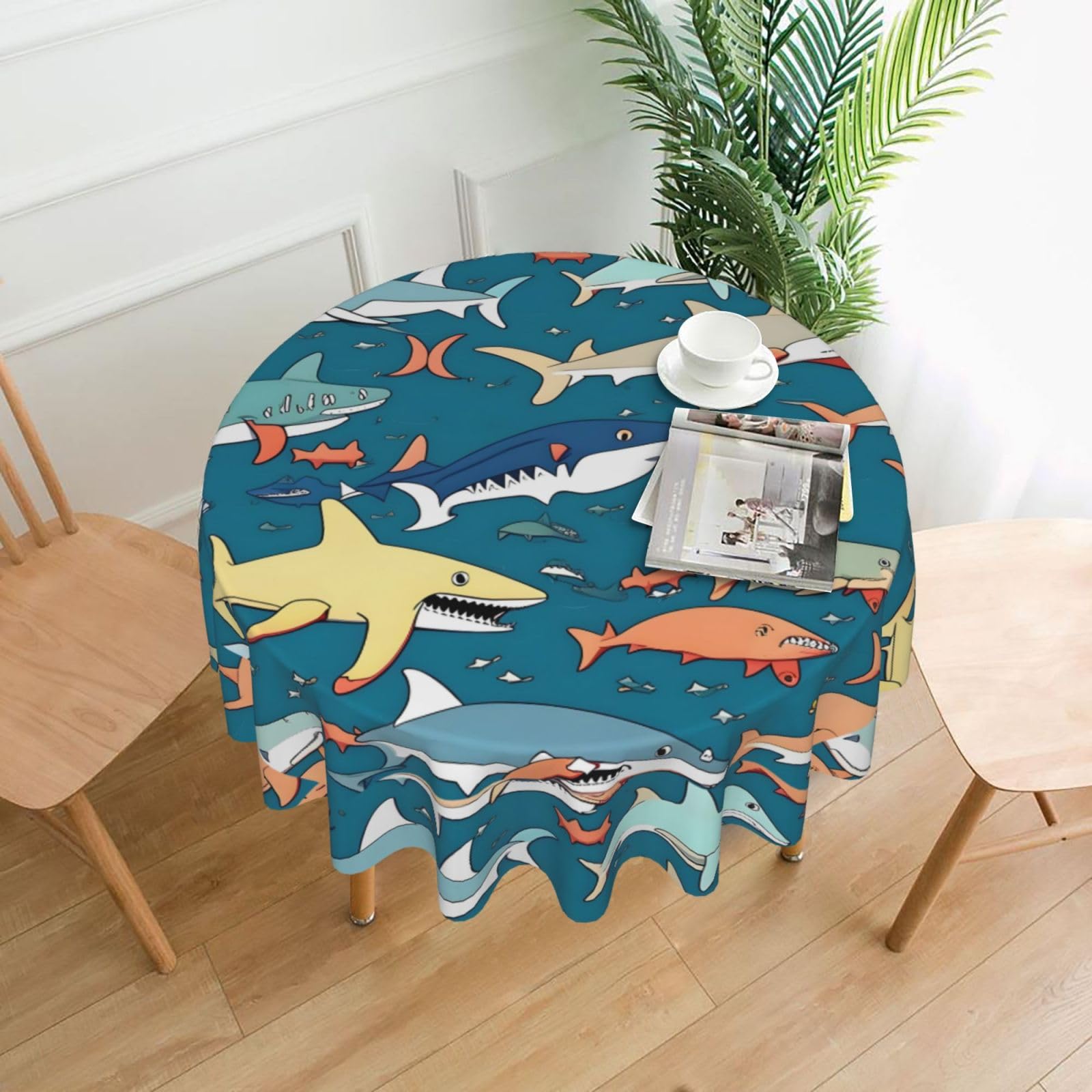 Nbtghga Shark Sailing Print Tablecloth Round Border Table Cloth Cover Decorative For Party Holiday Dinning Tabletop Home