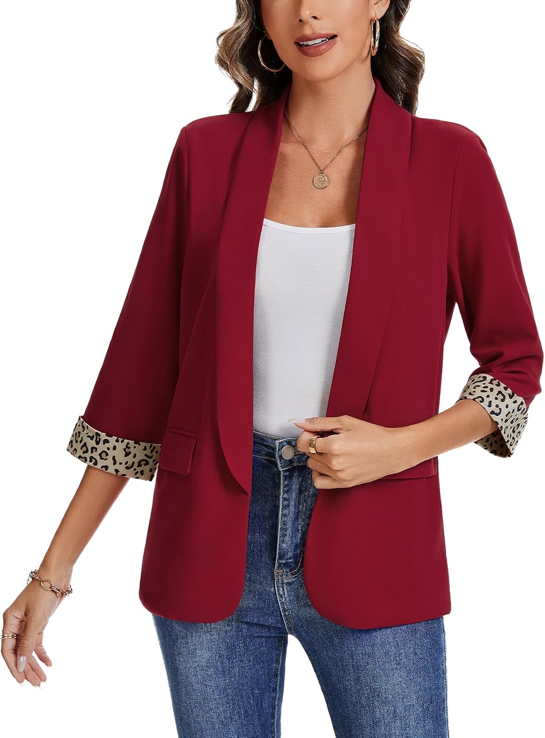 MINTLIMIT Women Casual 3/4 Sleeve Leopard Cuff Blazers Open Front Shoulder Pad Blazer Shawl Collar Office Jacket Pockets - Image 5
