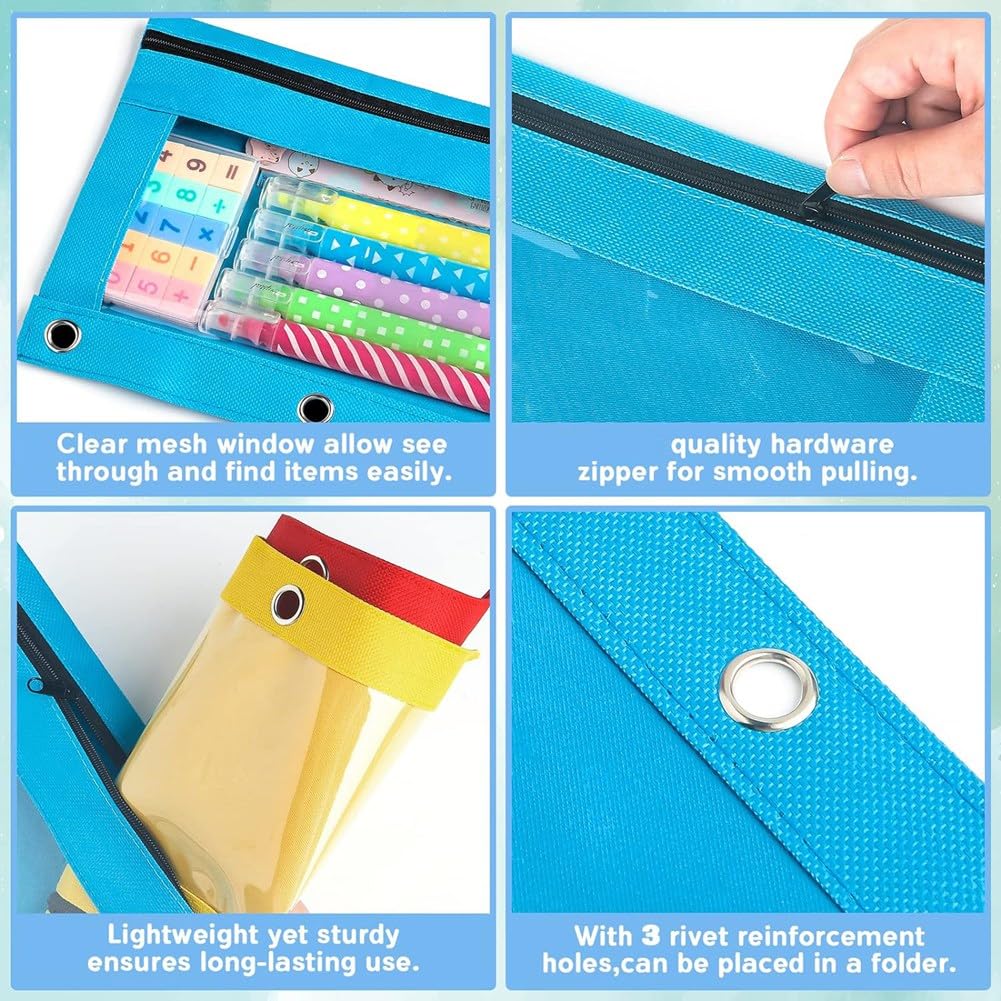 Estuche para lápices para carpetas de 3 anillos, 30 estuches para lápices a granel, 6 colores diferentes, estuche con cremallera de 3 agujeros, suministros de oficina
