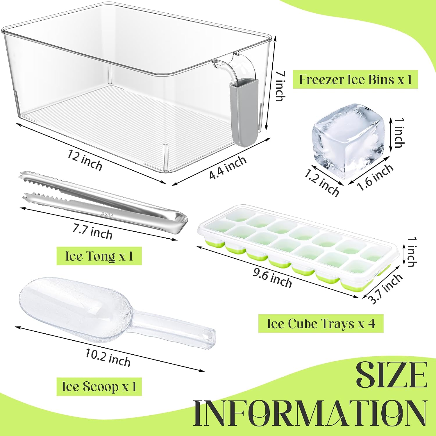 Aneco Plastic Freezer Ice Bin Set with Flexible Scoop Clear Storage Bin with Pull out Handle Tongs Ice Cube Tray Ice Container for freezer Kitchen, 12 x 7 x 4.4 Inch