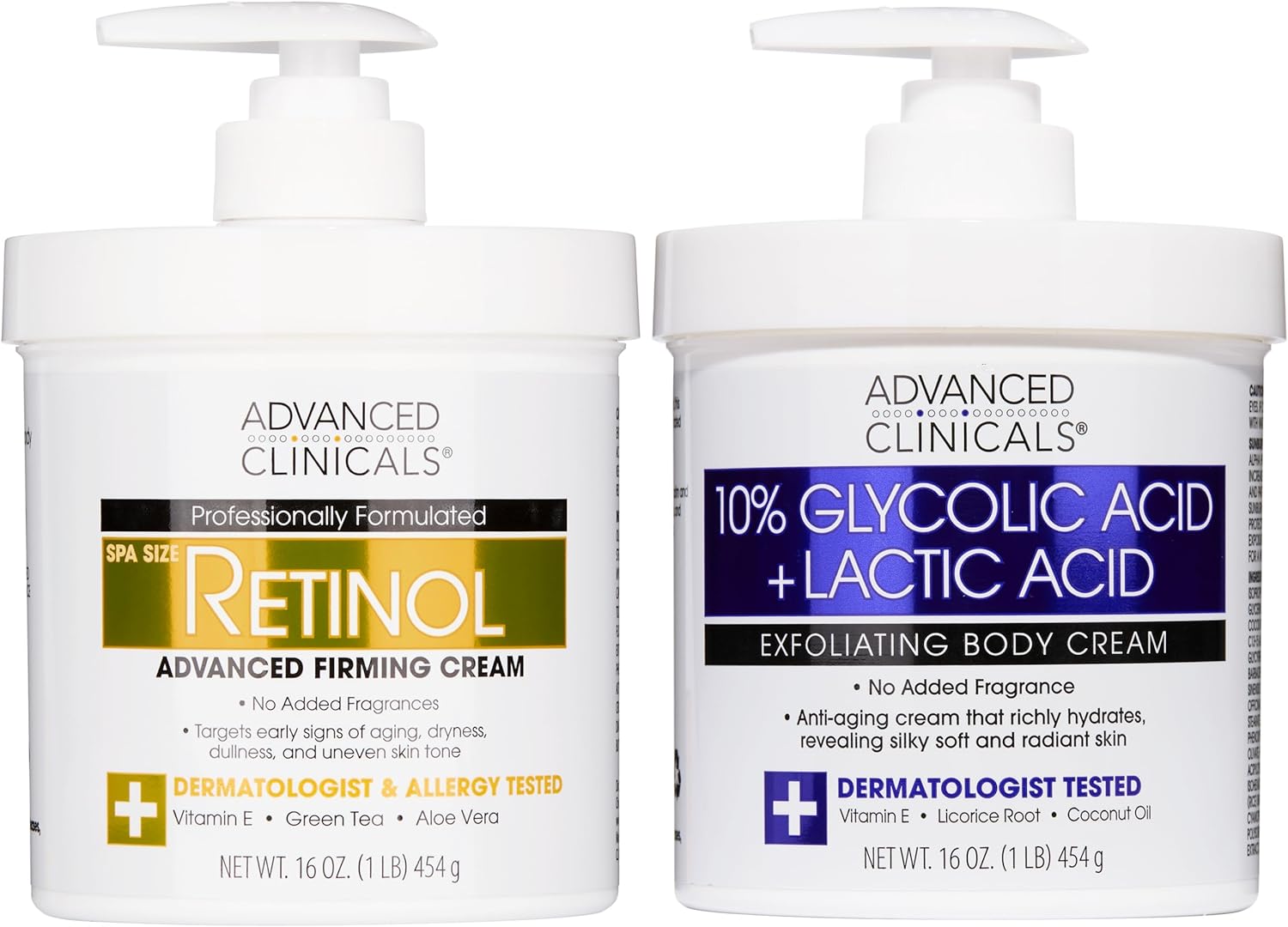 Advanced Clinicals Retinol Body Cream Moisturizer + Exfoliating 10% Glycolic Acid & Lactic Acid Lotion 2PC Skincare Set For Women & Men To Reduce Appearance Of Crepey Skin & Uneven Rough Skin Texture