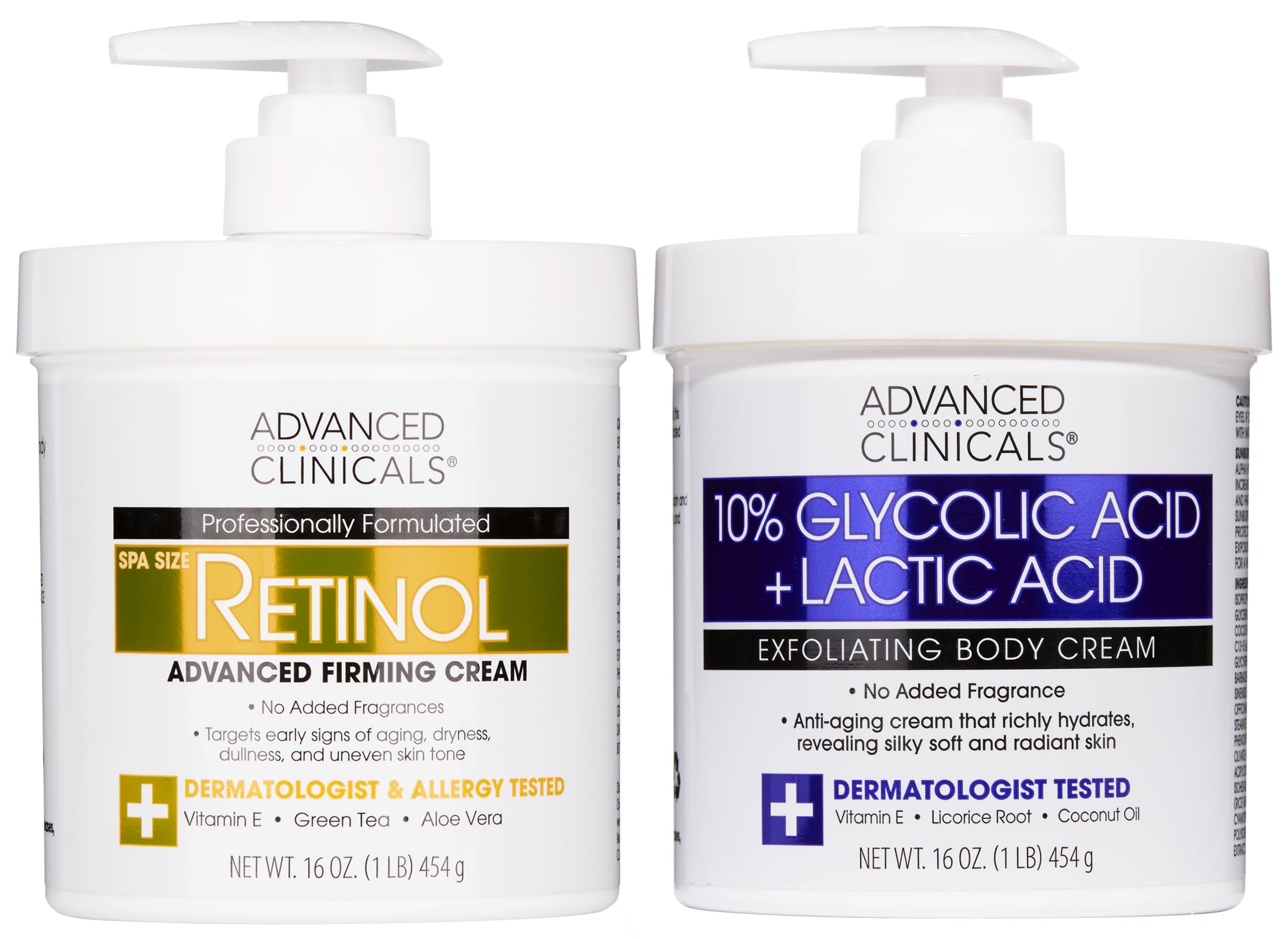 Advanced ClinicalsRetinol Body Cream Moisturizer + Exfoliating 10% Glycolic Acid & Lactic Acid Lotion 2PC Skincare Set For Women & Men To Reduce Appearance Of Crepey Skin & Uneven Rough Skin Texture
