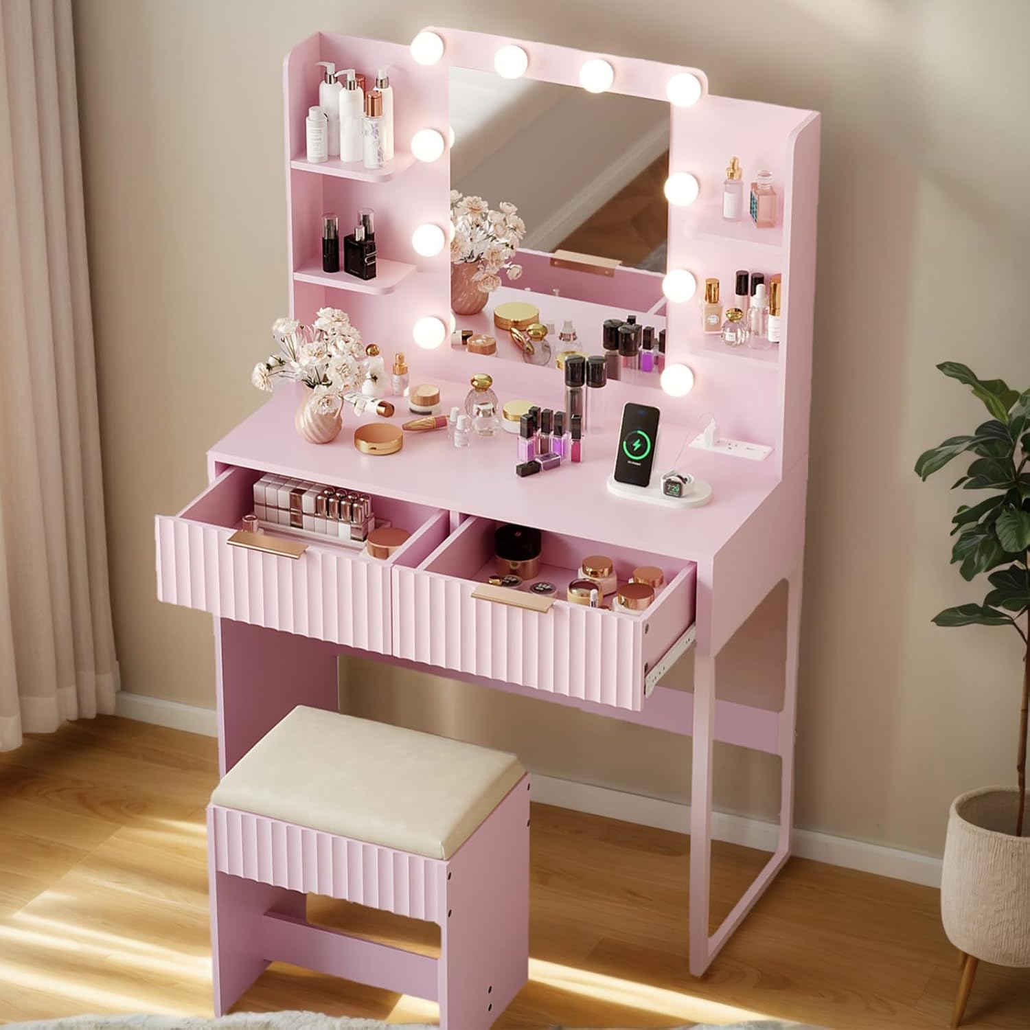Karl home Fluted Makeup Vanity Desk with Mirror and Lights, Vanity Table Set with 2 Drawers & 4 Storage Shelves, Dressing Table with Charging Station & Cushioned Stool for Women Bedroom, Pink