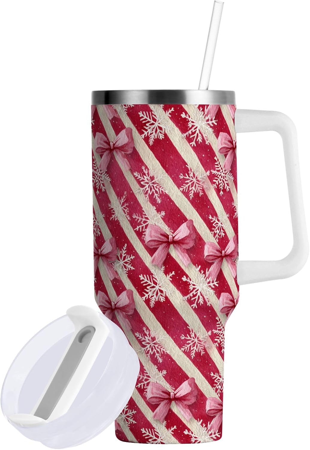 Boccsty Christmas Snowflake Pink Bow Insulated Tumblers Red Candy Cane Reusable Stainless Steel Tumbler 40 oz Cup Coffee Travel Mug Water Bottle with Handle & Flip Straw for Home Office Car