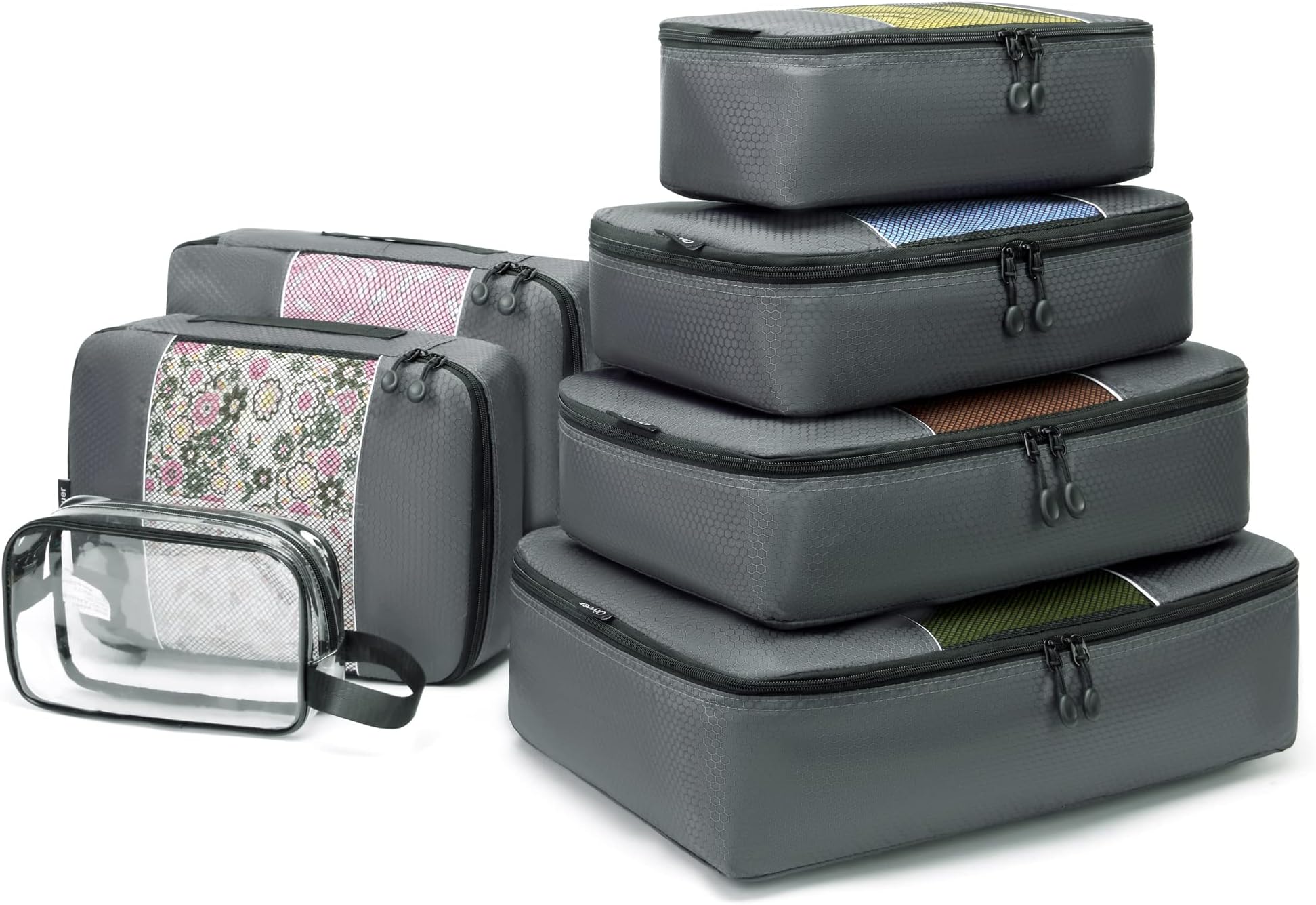 Qiyuer7 Set Packing Cubes for Suitcase, Travel Luggage Organizer Bags Set with Clear Toiletry Bags Grey