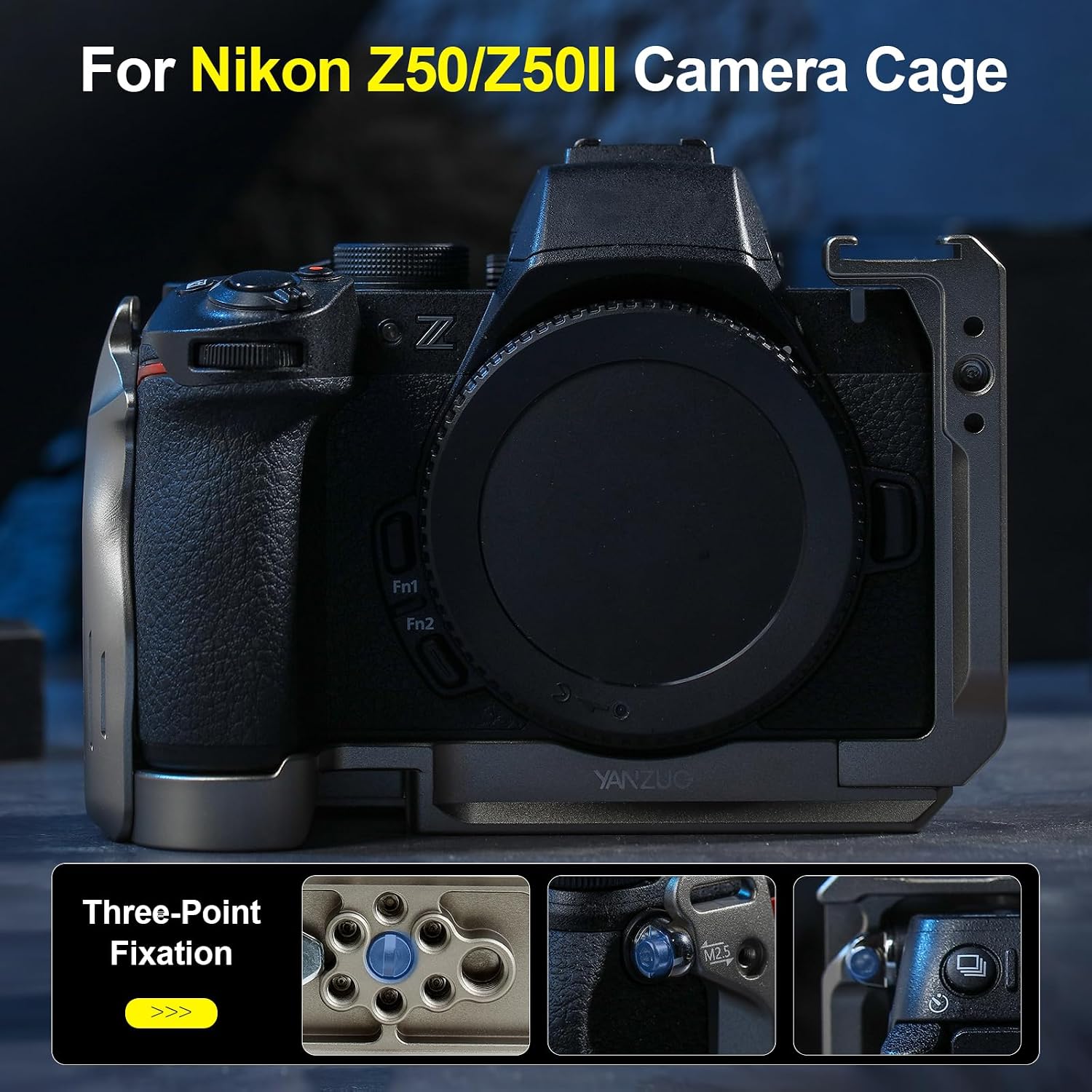 Camera Cage for Nikon Z50 & Z50 II, 3-Point Locking Aluminum Rig with Arca-Swiss Plate, Cold Shoe Mount & Quick Release for Gimbal, Vlogging & Photography (Titanium Z50 II)