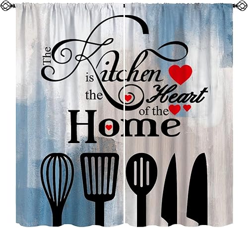 Cortinas de cocina abstractas azules, tablero de madera, tenedor y cuchara, retro, vintage, con citas divertidas, decoración con bolsillo para