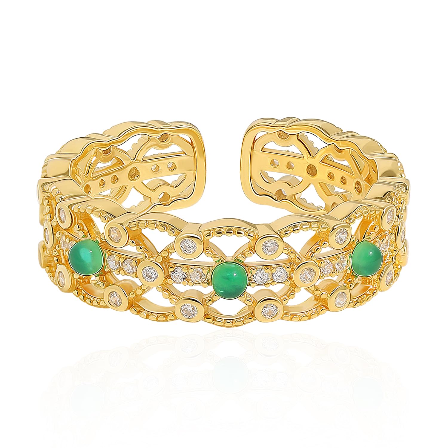 Meissa Bague Émeraude Plaquée Or pour Femmes Bague Vintage Ajourée Ajustable Anneau Pierre Verte Bijou Élégant Statement Cadeau