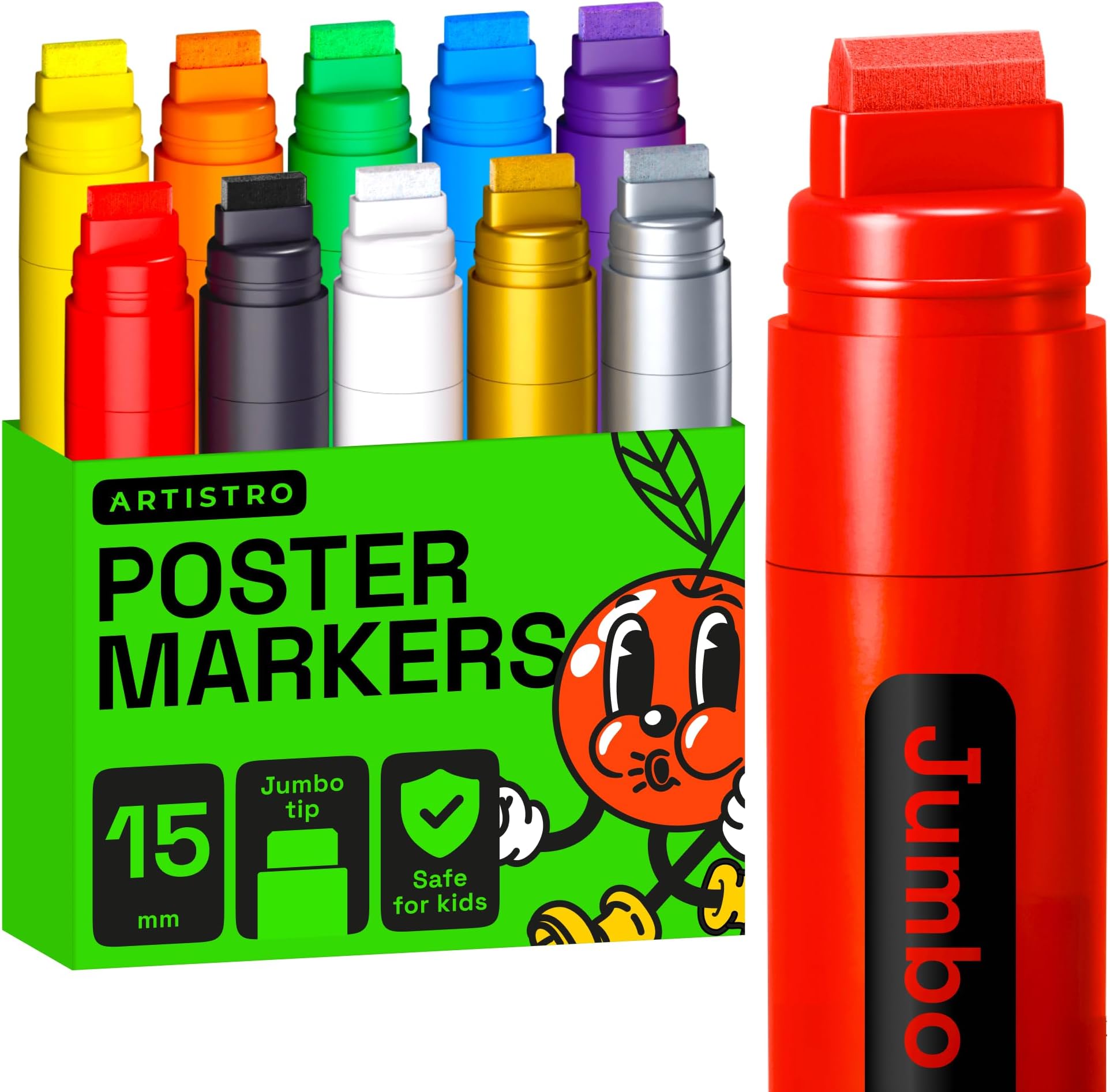 10 Jumbo Markers Acrylic Markers with 15mm Jumbo Tip for Murals Tagging Posters Art Journals & Calligraphy - Large Markers for Rock Wood Plastic Leather Metal & More