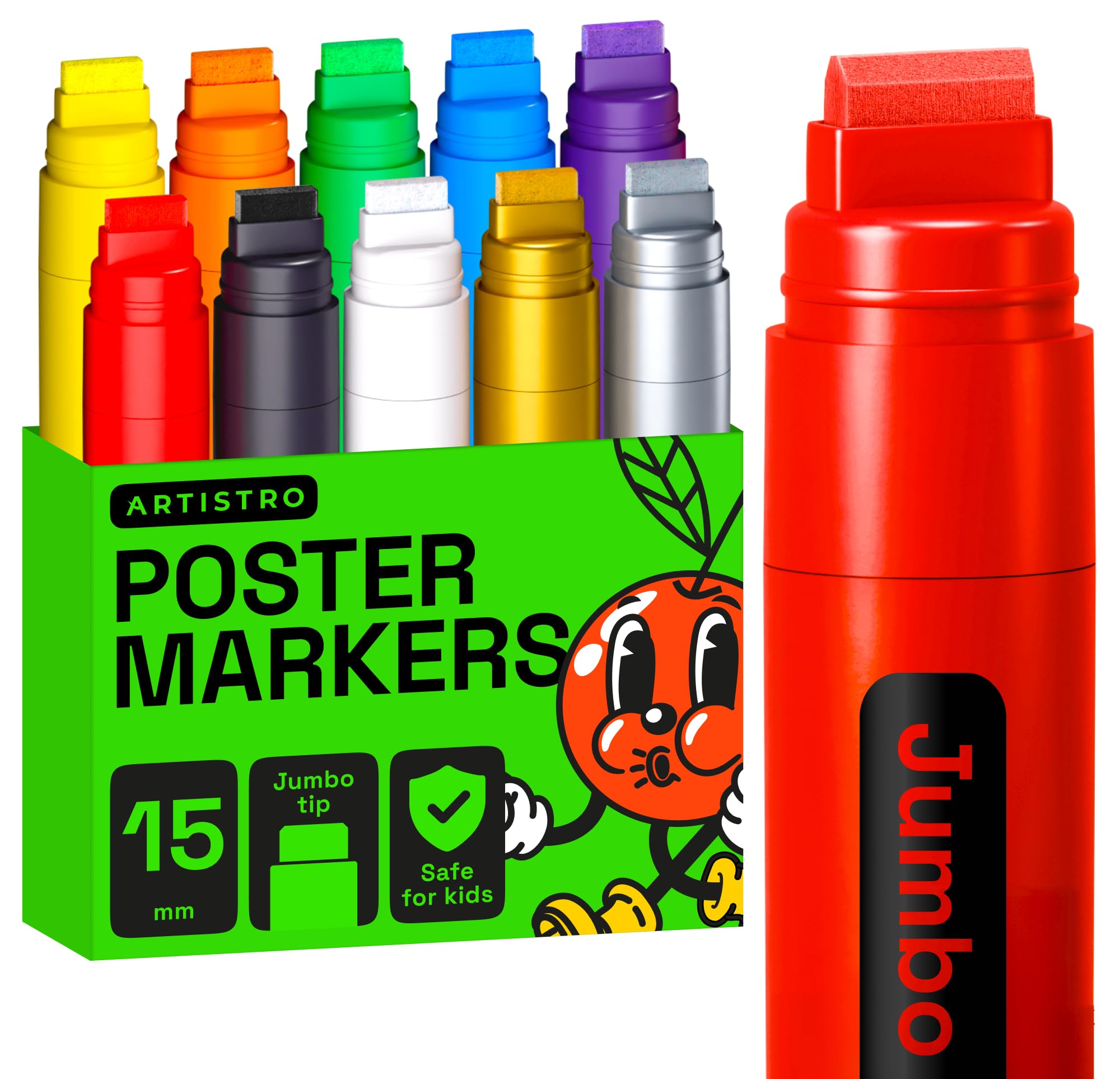 ARTISTRO 10 Jumbo Markers Acrylic Markers with 15mm Jumbo Tip for Murals Tagging Posters Art Journals & Calligraphy - Large Markers for Rock Wood Plastic Leather Metal & More