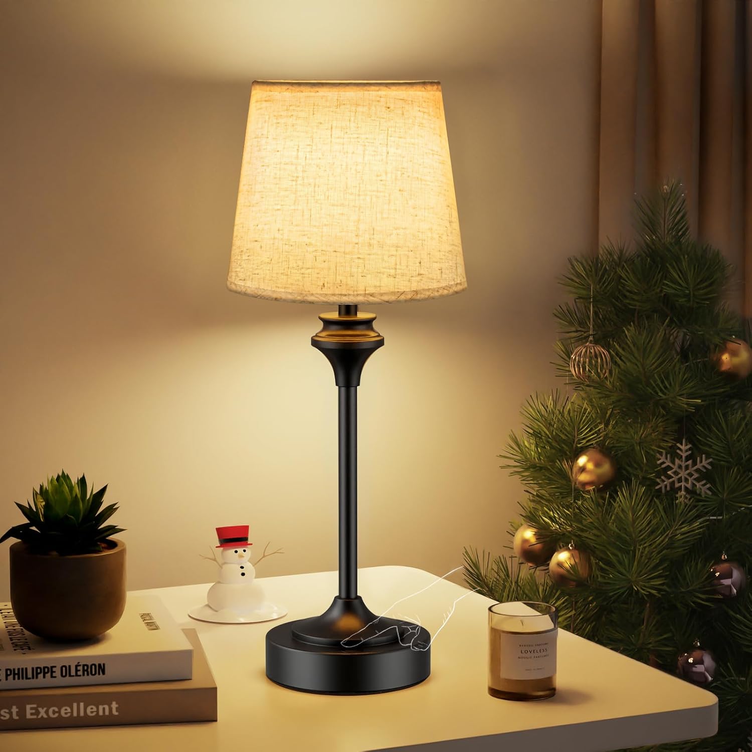 NIORSUN Portables Cordless Table Lamp,Flaxen Fabric Shade Battery Operated Lamp,5200mAh Bedside Table Lamp with Warm White,3 Way Dimmable Touch Desk Lamp for Bedroom Living Room Restaurant (Black) Black 1 Pack