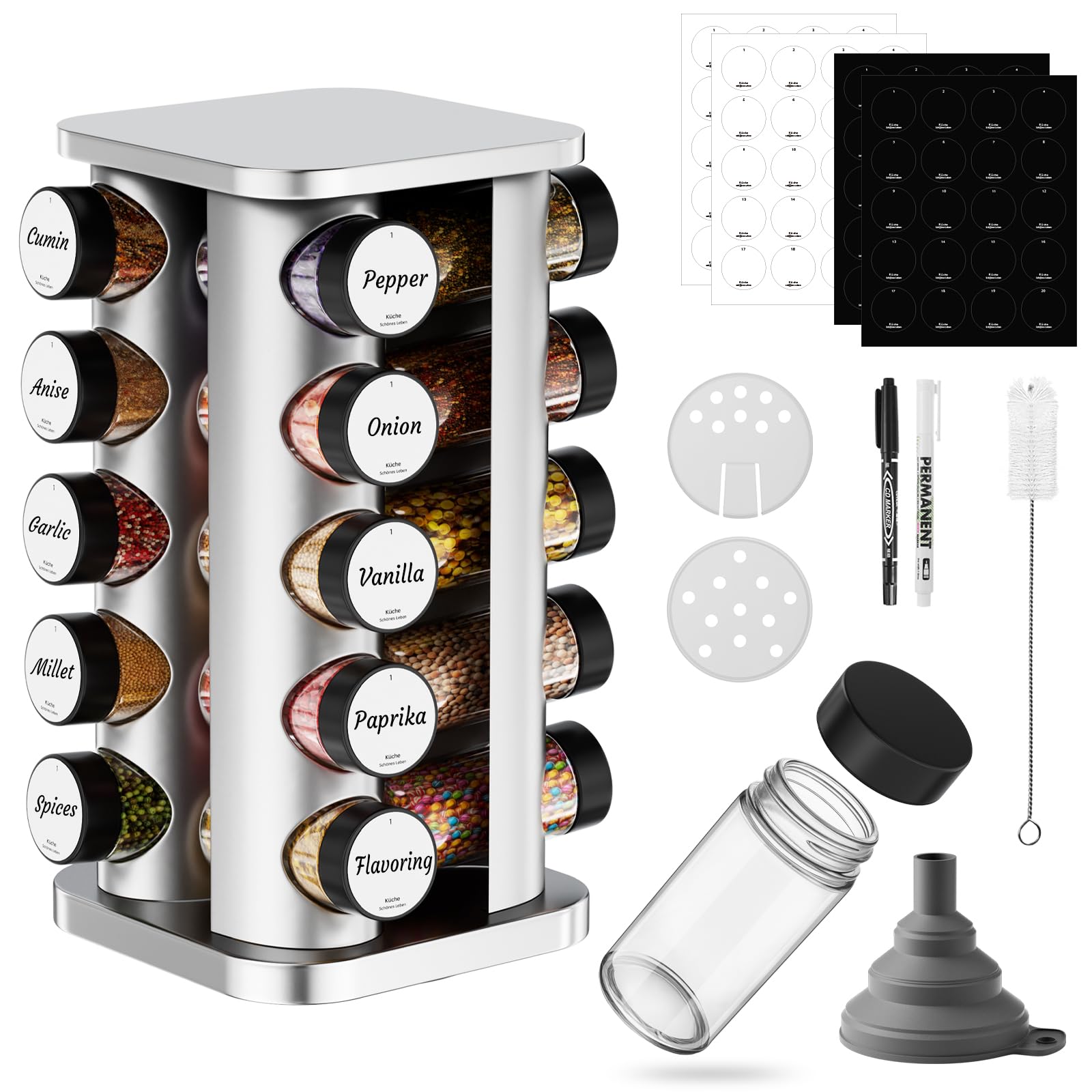 FNLLC Quadrat Gewürzregal Mit 20 Schwarzes Gewürzgläser Rund, 360° Drehbarer Edelstahl Gewürzkarussell, Gewürz Organizer, Gewürzständer Stehend, Gewürzdosen Streueinsatz, Tags, Trichter, Markierstift