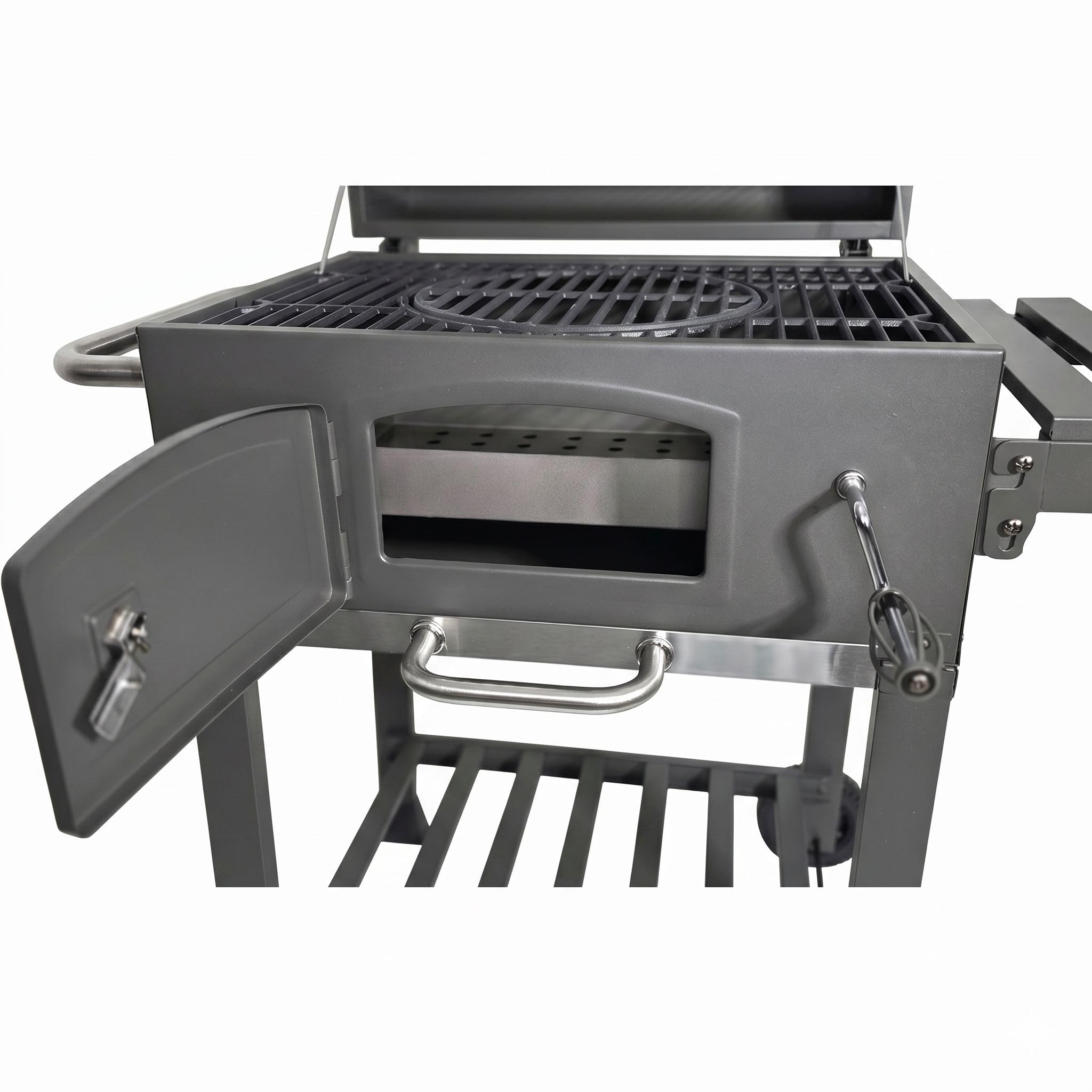 ACTIVA Holzkohlegrill Angular Guss inkl. Gusseisenrost & wetterfester Abdeckhaube I Holzkohlegrill mit Deckel, verstellbarer Kohlewanne & Thermometer I Grillwagen