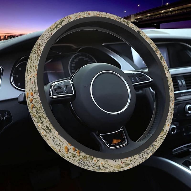 Capa para volante com estampa retrô de flores brancas, borracha, 38,1 cm