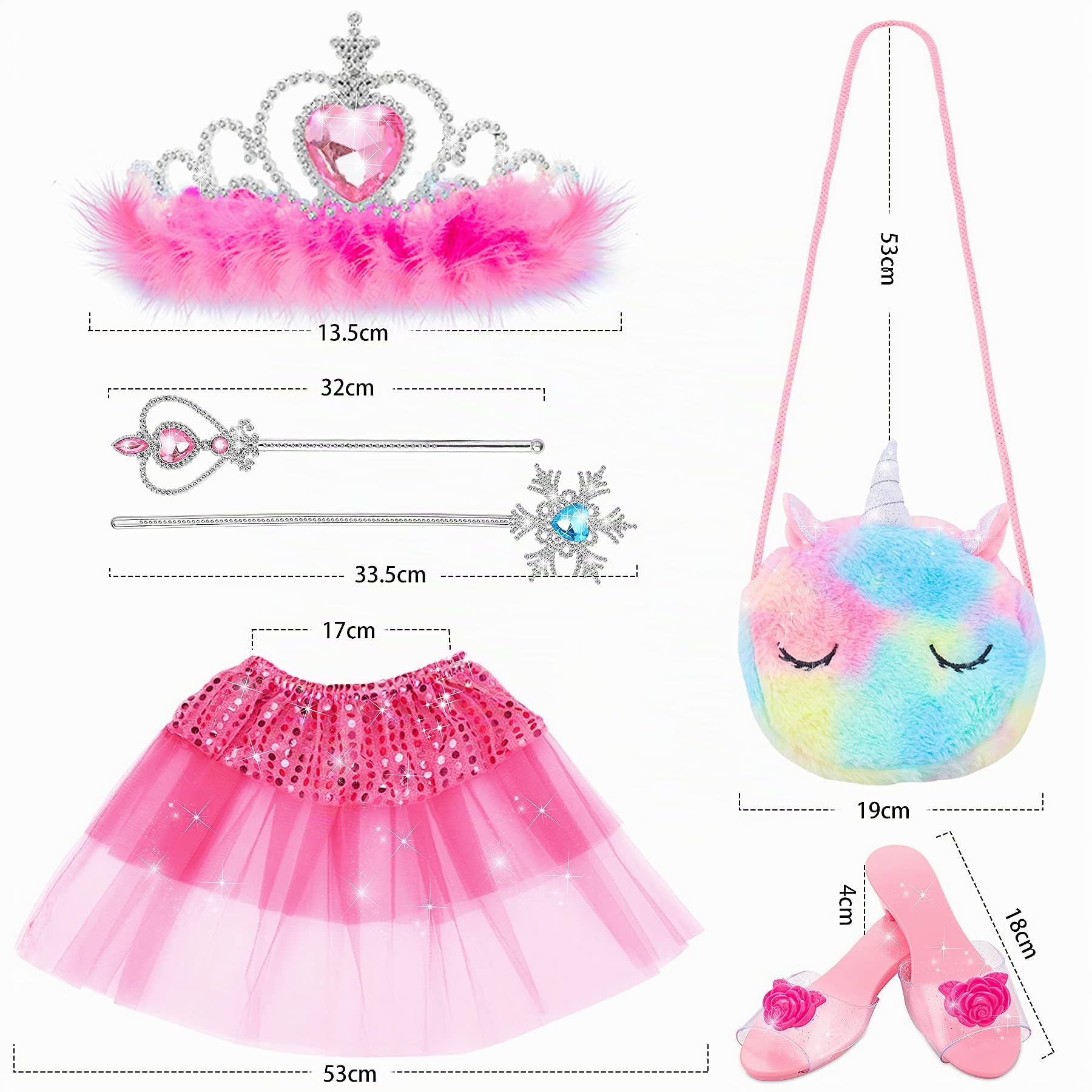 Prinzessin Schuhe Mädchen - ELSA Kostüm Spielzeug - Schmuck Zubehör 3 Paar stöckelschuhe Kinder Einhorn Geldbörse für Geschenk
