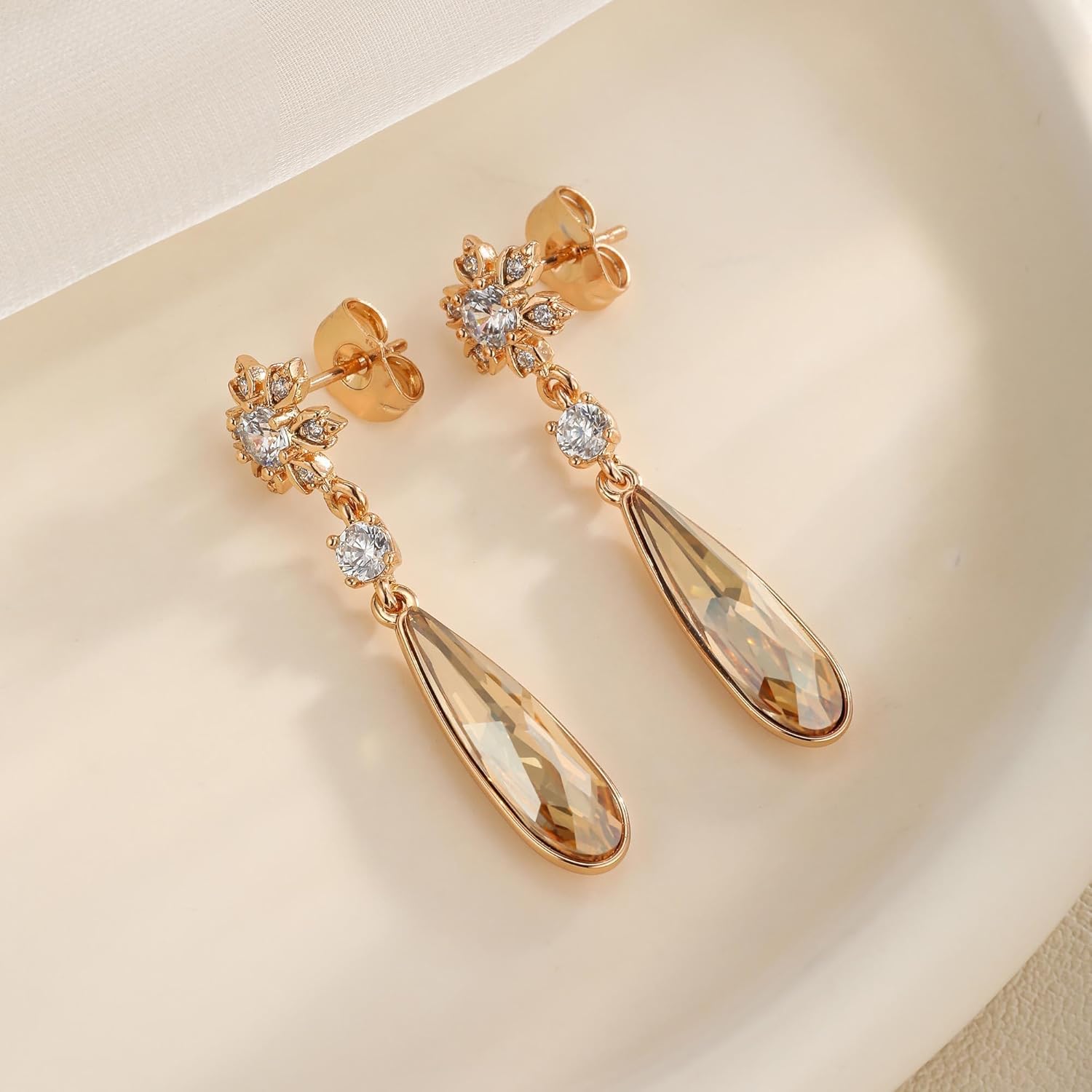 Austrian Crystal Teardrop Earrings Flower Dangle Earrings for Women 14K Gold Plated Drop Stud Earrings Hypoallergenic Jewelry - Image 5