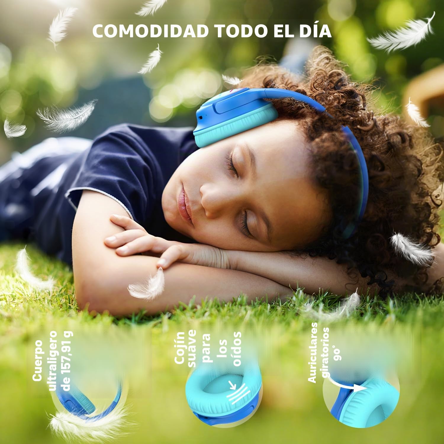 iClever Auriculares Bluetooth Niños con Luces LED 74/85/94dB Limitador de Volumen 43 Horas de reproducción Sonido Estéreo Tipo-C Bluetooth5.3 Auriculares para Niños para Tablet/Viaje Azul