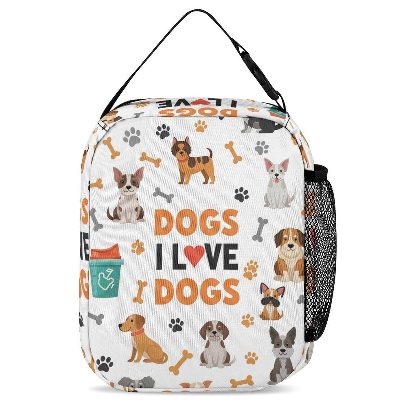 Ensemble sac à dos avec boîte à lunch, trousse de maquillage, motif chiens et rangement.