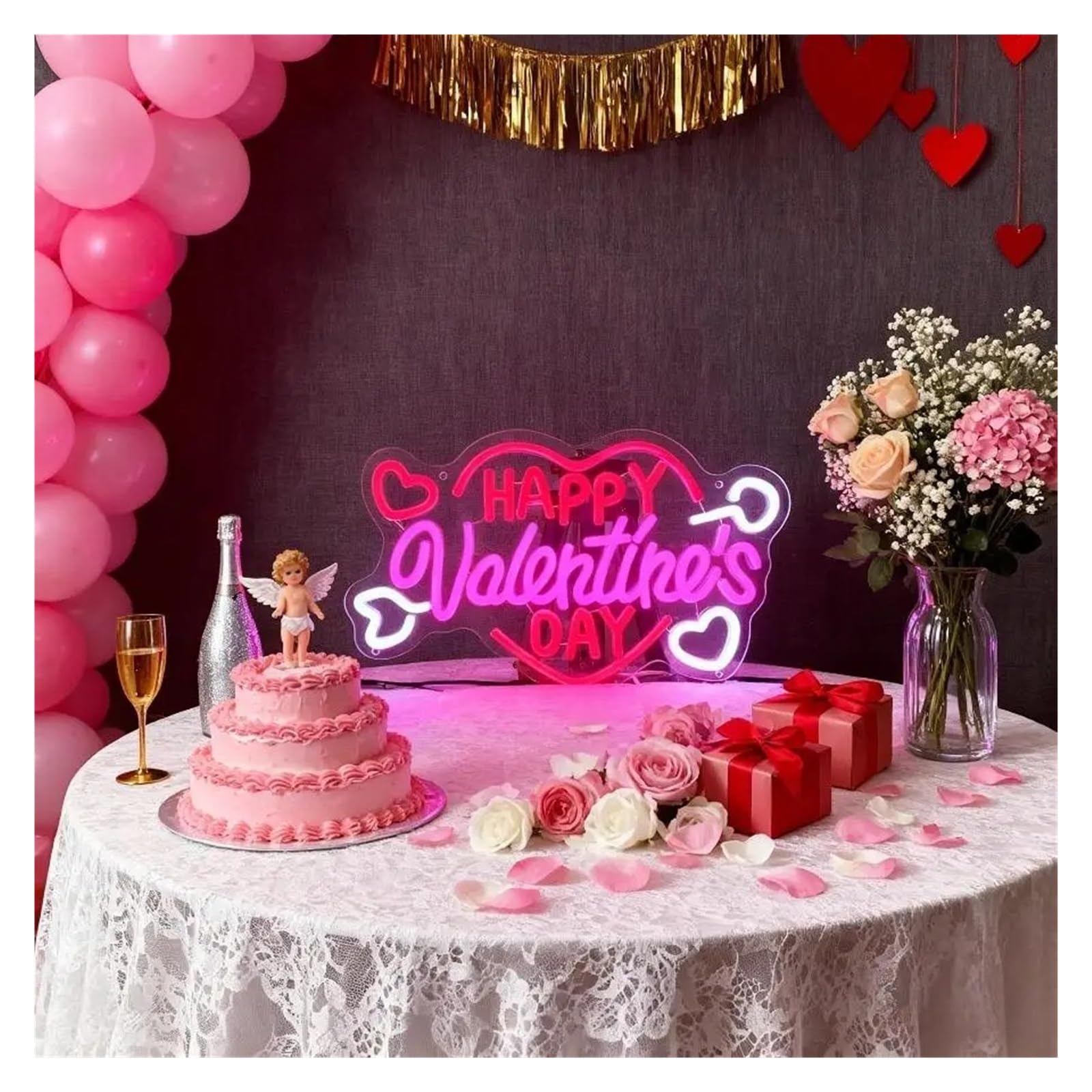Hängende Kunst-Leuchtreklamen Happy Valentine's Day Neonlichtschild, USB-dimmbare Wanddekoration für Schlafzimmer, Spielzimmer, Wohnzimmer, Party 14.96x9.65in