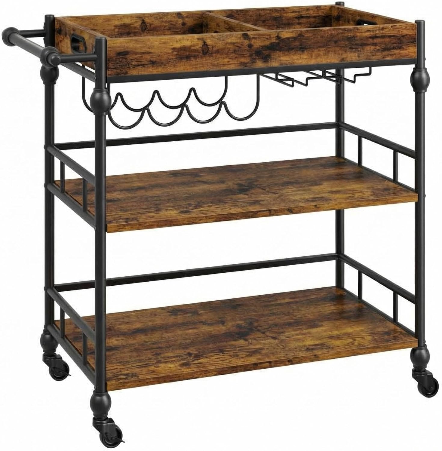 3 Tier Bar Cart,Home Bar Serving Cart with Wheels,Rolling Beverage Cart with Wine Rack and Glass Holder,Brown