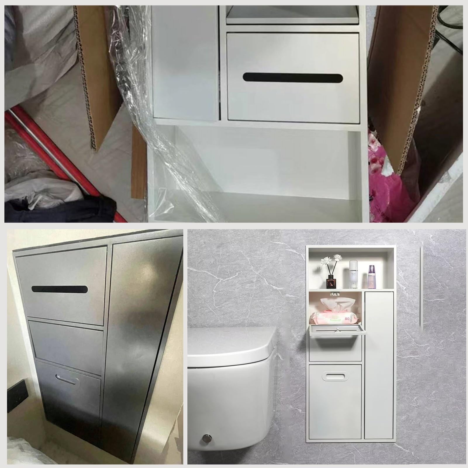 Toilettenpapierhalter und Mülleimer aus Edelstahl, mit Ablage, eingebauter Mcine-Schrank für Zuhause (Grau)