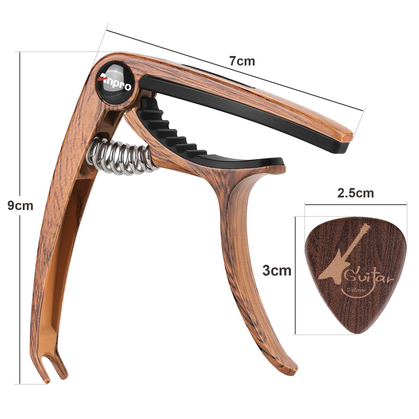 Anpro Gitara Kapodaster Guitar Capo Guitar Capo z 6 kostkami do gitary akustycznej i elektrycznej, ukulele, mandoliny i banjo, kolor drewna