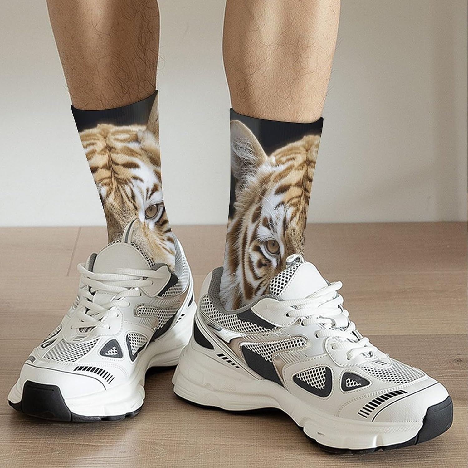 A Cream Tiger Crew Socks Moisture Wicking Ankle High Cushioned Arch Support Seamless Toe Athletic & Casual