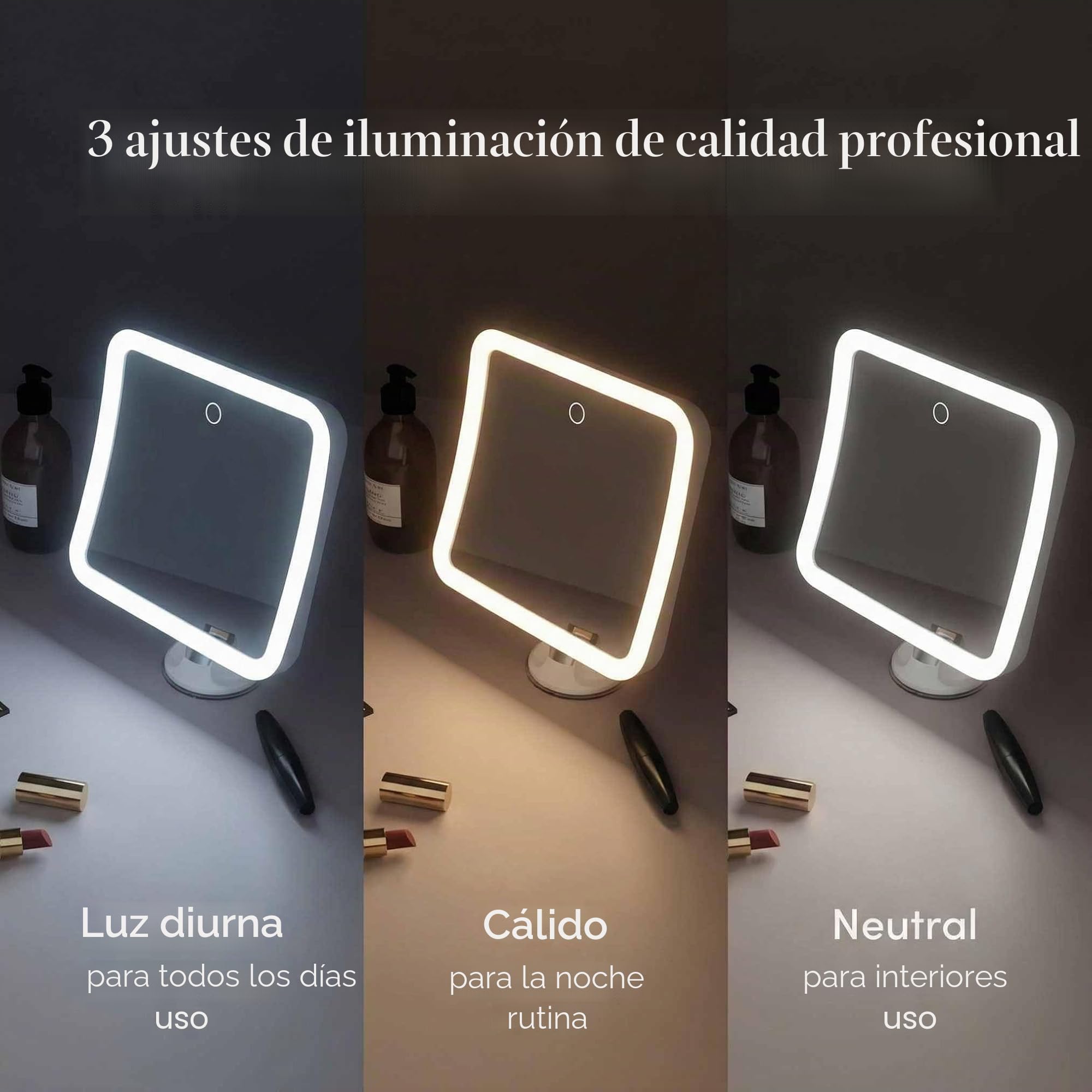 Fancii Espejo de Aumento 10x Recargable para Maquillaje con 3 Configuraciones de Luz LED - Táctil Regulable, Poderoso Ventosa - Espejo Iluminado de Baño (Mira 2)