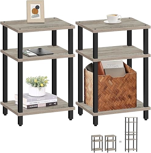 Miniatura 16 de TUTOTAK Juego de 2 mesas auxiliares, mesa auxiliar, mesita de noche, estante de almacenamiento de 3 niveles, mesa de sofá para espacio pequeño