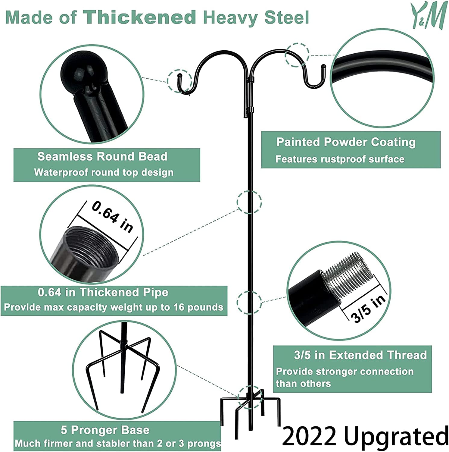 2PCS Double Shepherds Hooks for Outdoor, 76� Heavy Duty Adjustable Height Hooks Two Sided Garden Pole for Hanging Bird Feeder, Plant Baskets, Lanterns, Plant Hanger Stands with 5 Strong Base Prongs