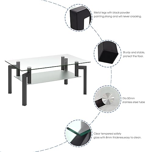 Miniatura 3 de Mesa de centro rectangular de vidrio templado, mesas de centro de vidrio con patas de metal para sala de estar, mesa de té de extremo de 2 niveles
