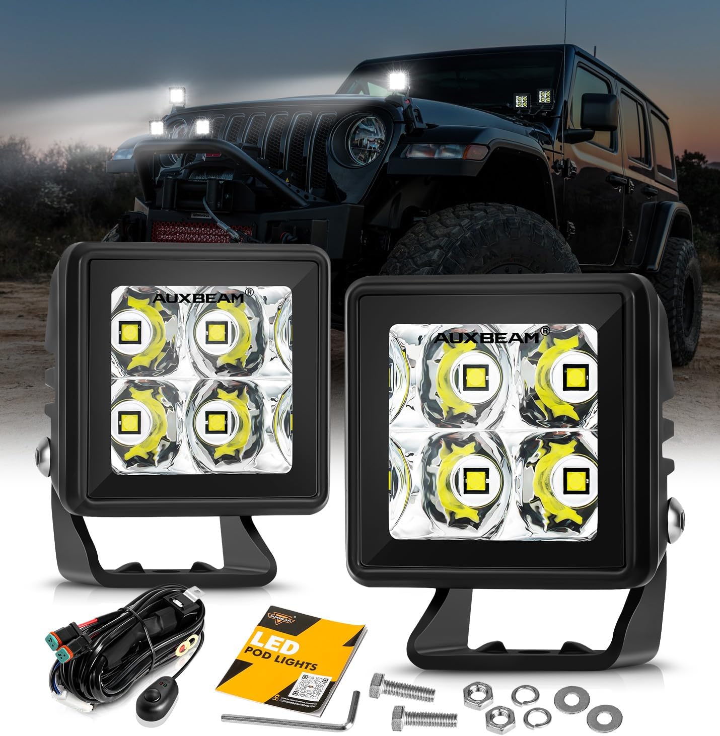Auxbeam 2 Inch LED Pod Light Off Road Driving Light Square Spotlights 4000LM White Spot Beam Auxiliary Ditch Work Lights for Truck Car Jeep Motorcycle ATV UTV