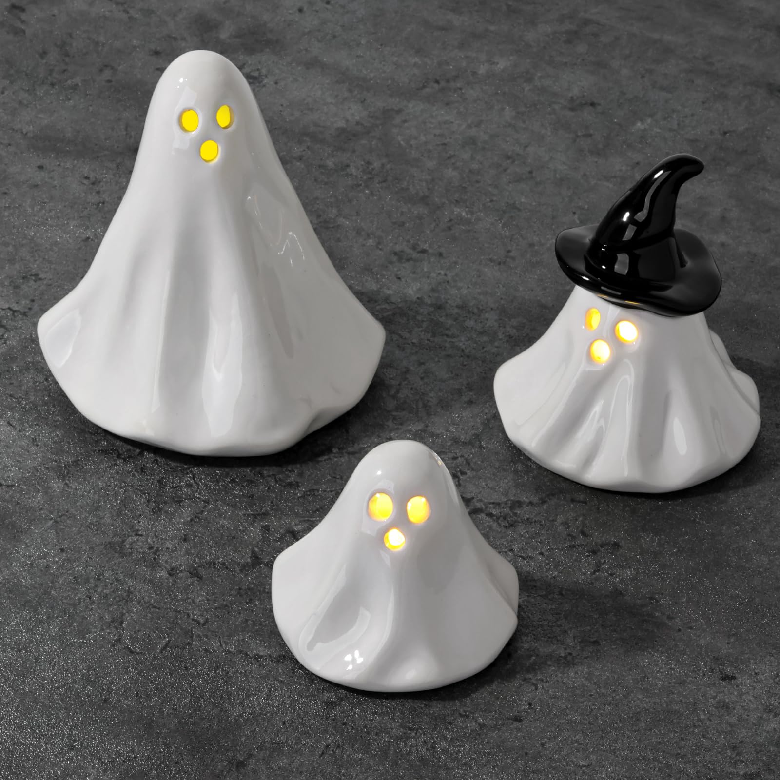 Halloween Ghost Decorations Indoor: Set of 3 Black White Light Up Ceramic Ghost Decor, Cute Halloween Decor Figurines with LED Tea Lights for Table Desk Mantel Home Office Farmhouse Girls Kids Party