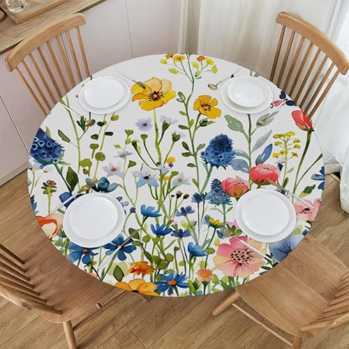 Vista 38 de Pardick Mantel redondo ajustable con diseño de flores de arte en acuarela con mantel elástico, mantel elástico redondo, impermeable, lavable, se