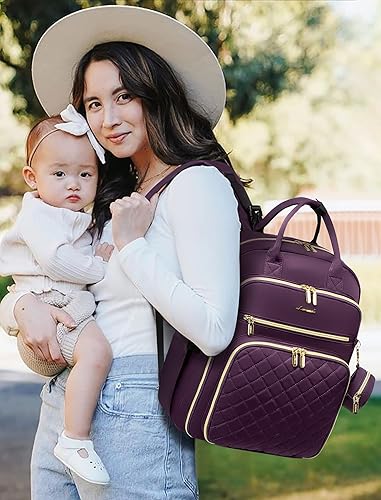 Miniatura 5 de LOVEVOOK Mochila para pañales bolsa de bebé acolchada para mamá y papá mochila de viaje de gran capacidad con cambiador Púrpura