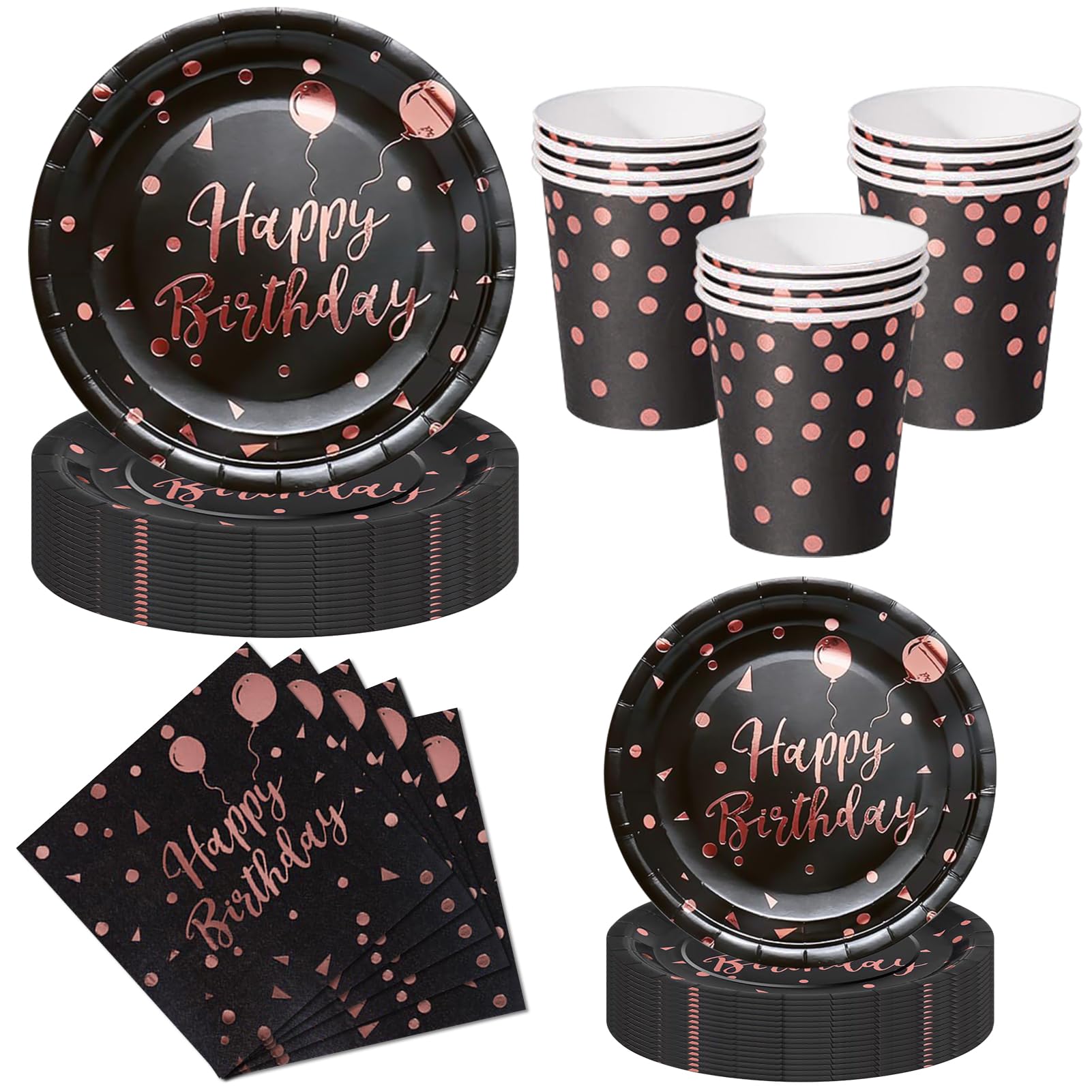 Nkaiso Birthday Party Plates Pups and Napkins Set, 50 Piece Black and Rosegold Party Tableware Set, Disposable Paper Plates Cups Napkins - Birthday Dinnerware for Celebrations