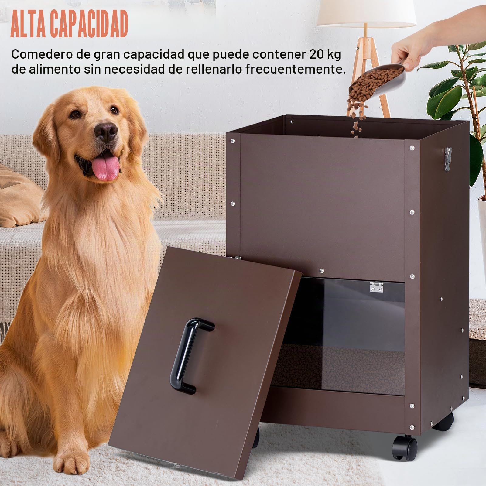 Comedero AutomáTico para Perros, Raza Grande 45 Libras Comedero de Metal por Gravedad Comedero AutomáTico Extra Grande para Perros, FáCil de Mover con Ruedas