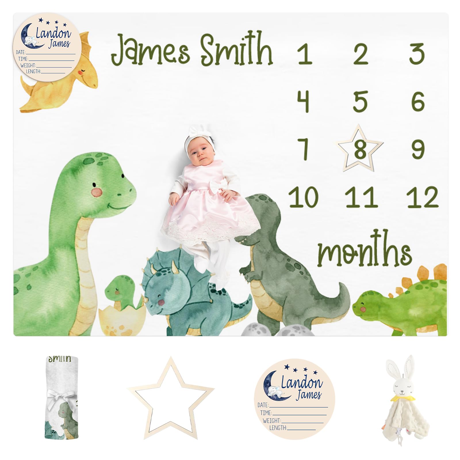 Personalized Baby Milestone Blanket for Boys Girls Baby Month Blanket- First Year Calendar Monthly Growth Chart - Dinosaur Theme Halloween Birthday Gifts for Infant Todder(30
