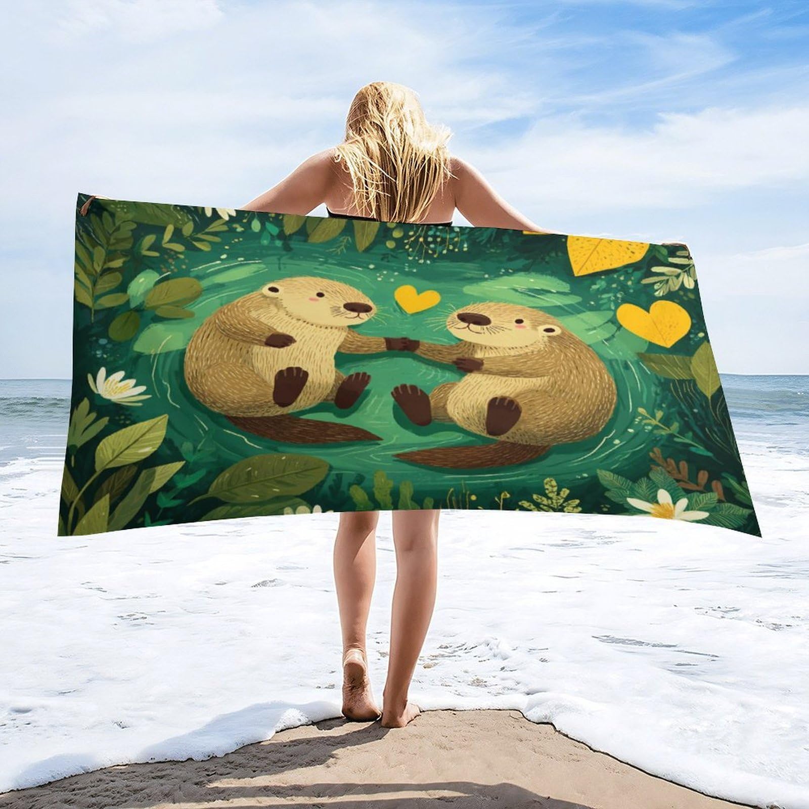 Luyysky Beautiful Anime Otter Couple Absorbent Beach Towel, Mid Century Retro Animal Otter Plant Lotus Leaves Floral Outdoor Single-Sided Velvet Beach Towel-80 W Cm X 160" L Cm