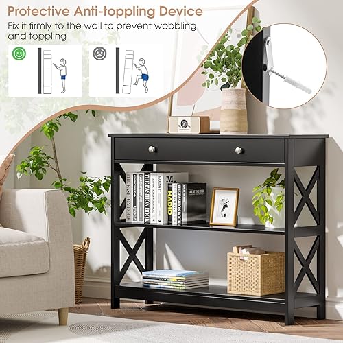 Miniatura 7 de KOTEK Mesa consola con cajón y estantes de almacenamiento, mesa de sofá estrecha para sala de estar, fácil montaje, mesa de entrada de 3 niveles con