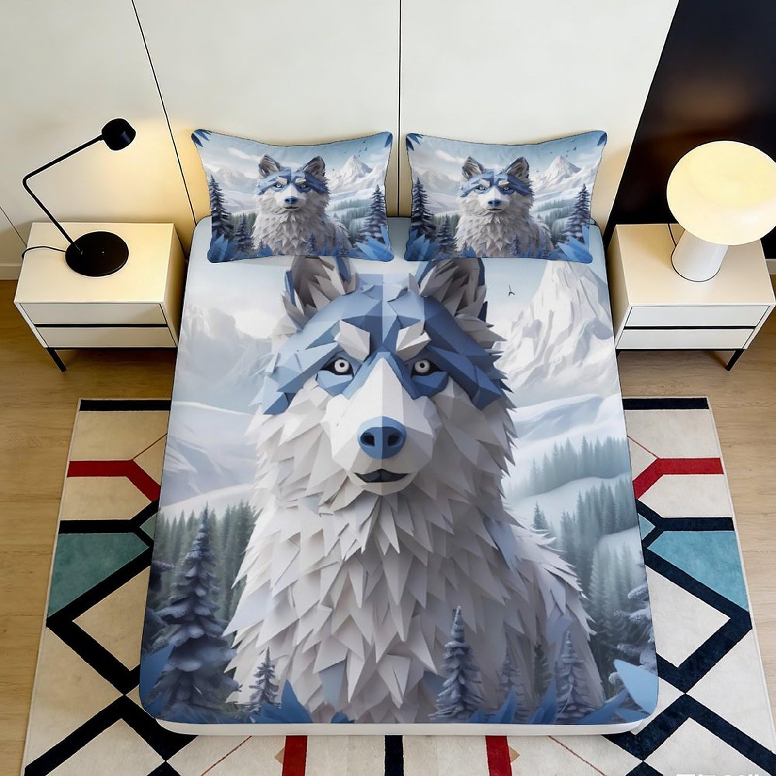 3D Printed Geometric Wolf Fitted Sheet Microfiber Soft Breathable Mountain Landscape Bed Cover for Bedroom Dormitory Guest Room Mattress Protection 90x200x25cm