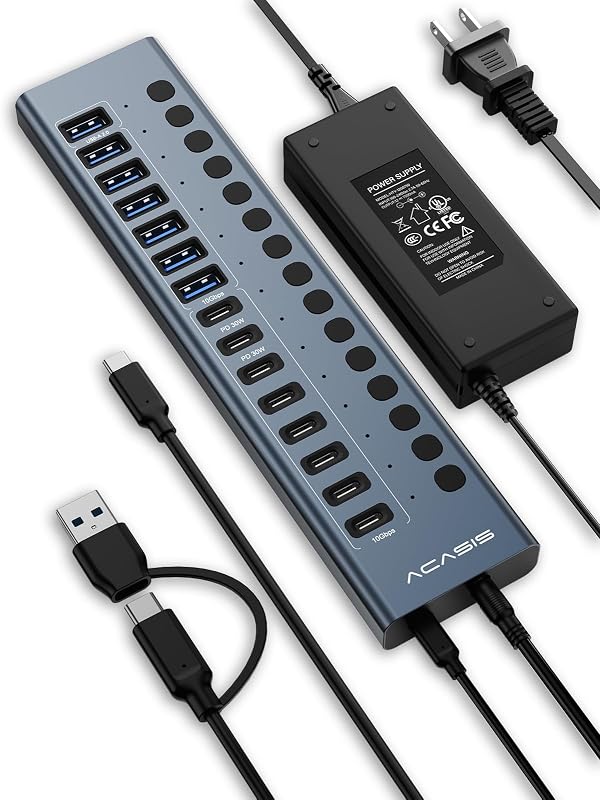 ACASIS Powered USB C Hub, 16-in-1 USB 3.2 Hub 10Gbps, 6 USB-A 3.2 + 2 USB-A 2.0+ 8 USB-C 3.2 Ports, Dual USB-C PD 30W, 150W Adapter, 3.3FT Cable, Aluminum USB Hub for PC, Laptop, Mac mini, iMac, iPad