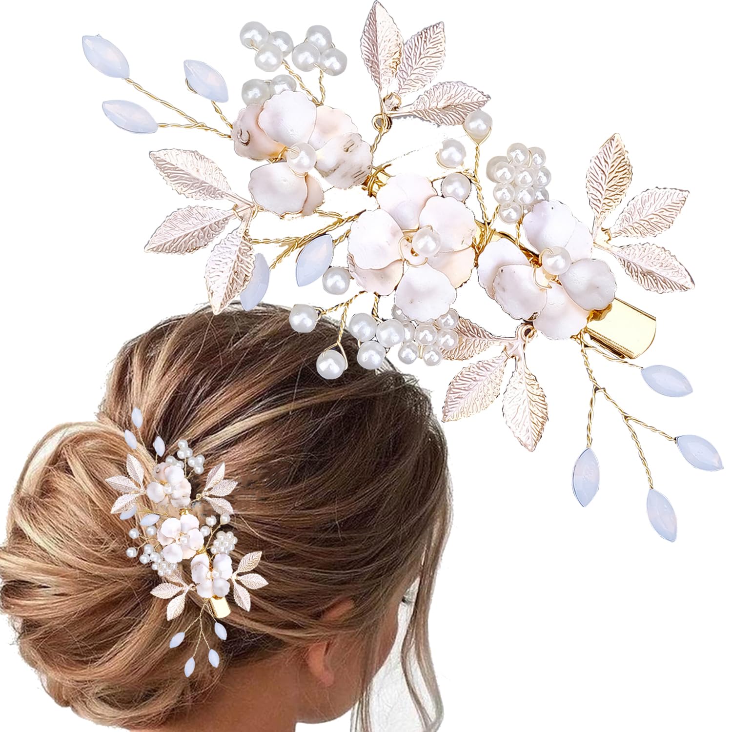 Bridal Wedding Hair Clips, Crystal Bridesmaid Hair Pins Pearl Rhinestone Hair Clips, Crystal Flower Hair Pieces Pearl Headpieces Hair Accessories for Brides Bridesmaids Women Girls (Type F)