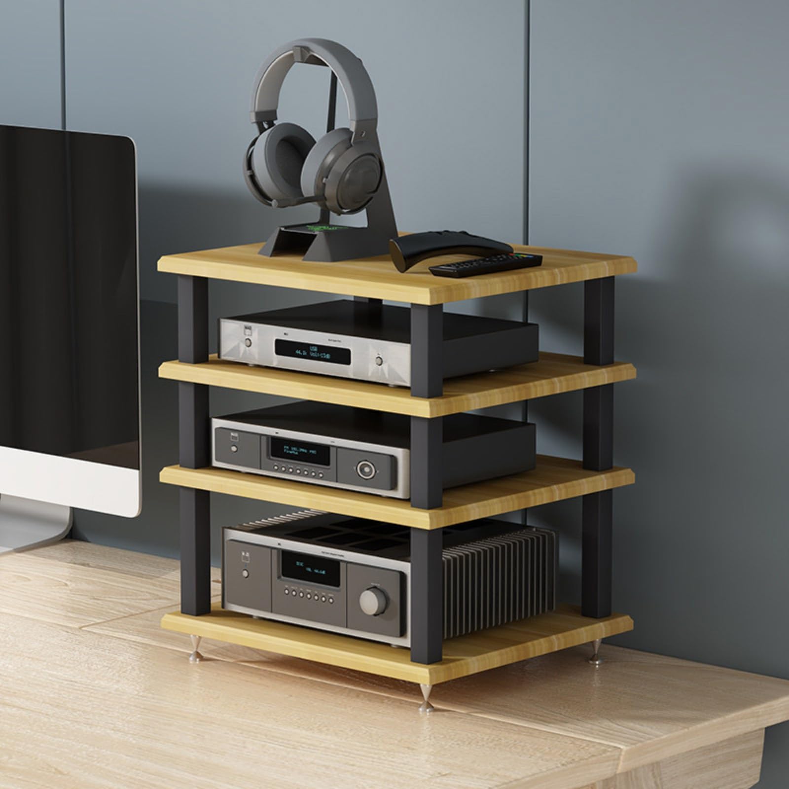 Rack HiFi Stéréo 4 Niveaux Meuble Audio Ouvert Beige pour Amplificateur et Platine Vinyle