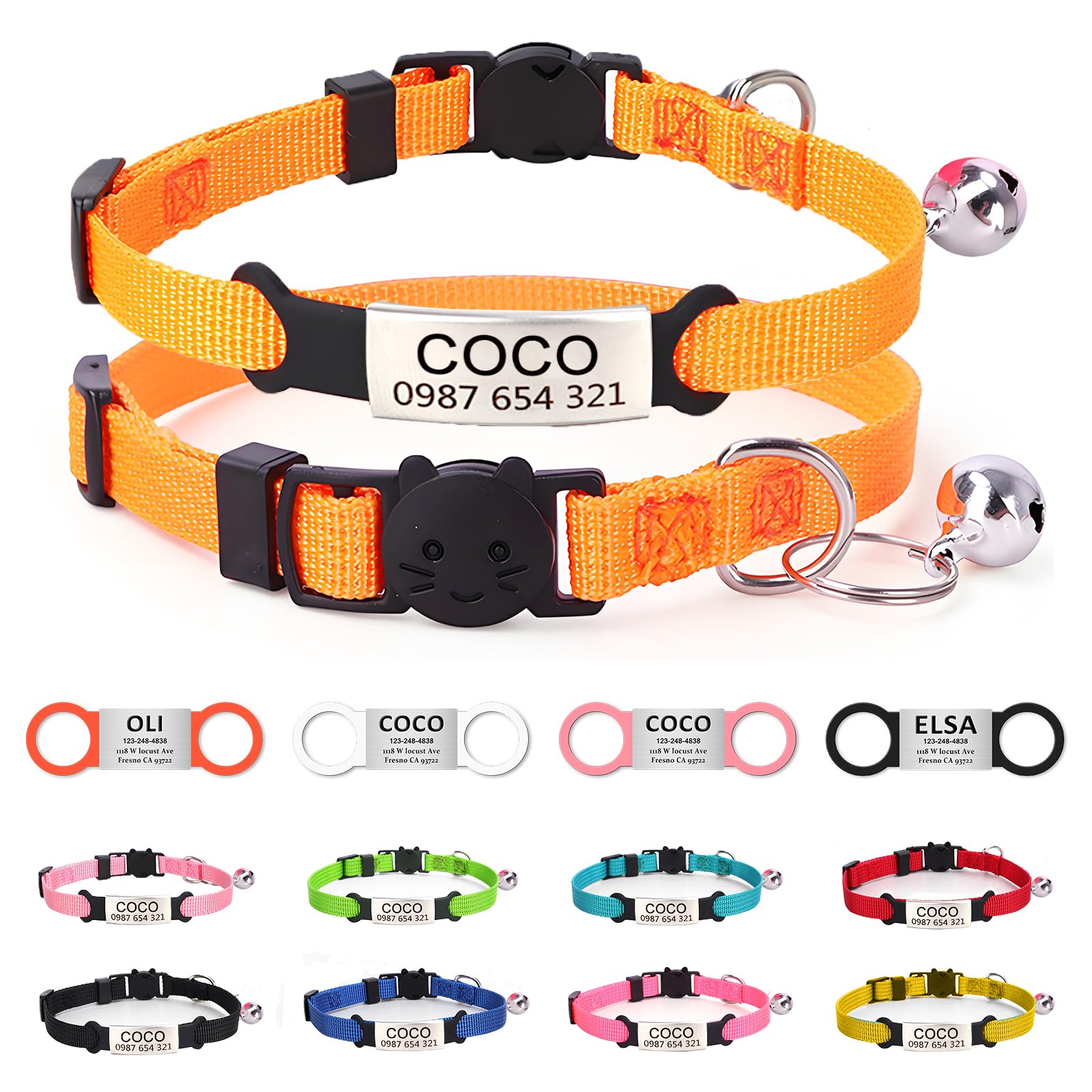Personalized Cat Collar with Engraved Name Tag & Bell, Orange