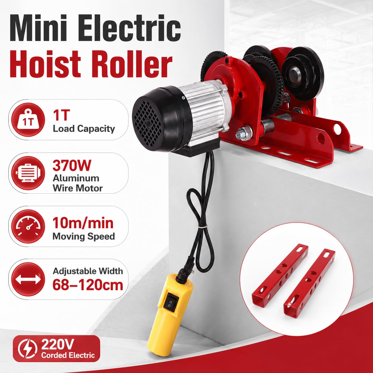 Elektryczny wózek 370 W 1T mini elektryczny podnośnik, regulowana szerokość 68-120 cm, mini elektryczny podnośnik z długim kablem zdalnego sterowania, na plac budowy, fabryk