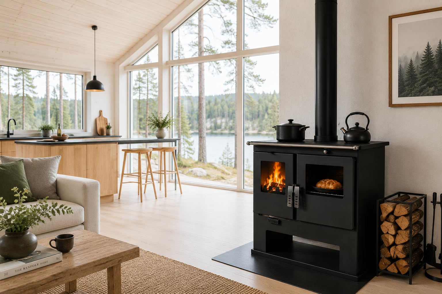 Verso CS Stufa a legna con forno 7,7 kW, 82,2% di alta efficienza, corpo in acciaio robusto, piano cottura in metallo e forno con termometro, riscaldamento per camino per 135-165 m³, scarico fumo da