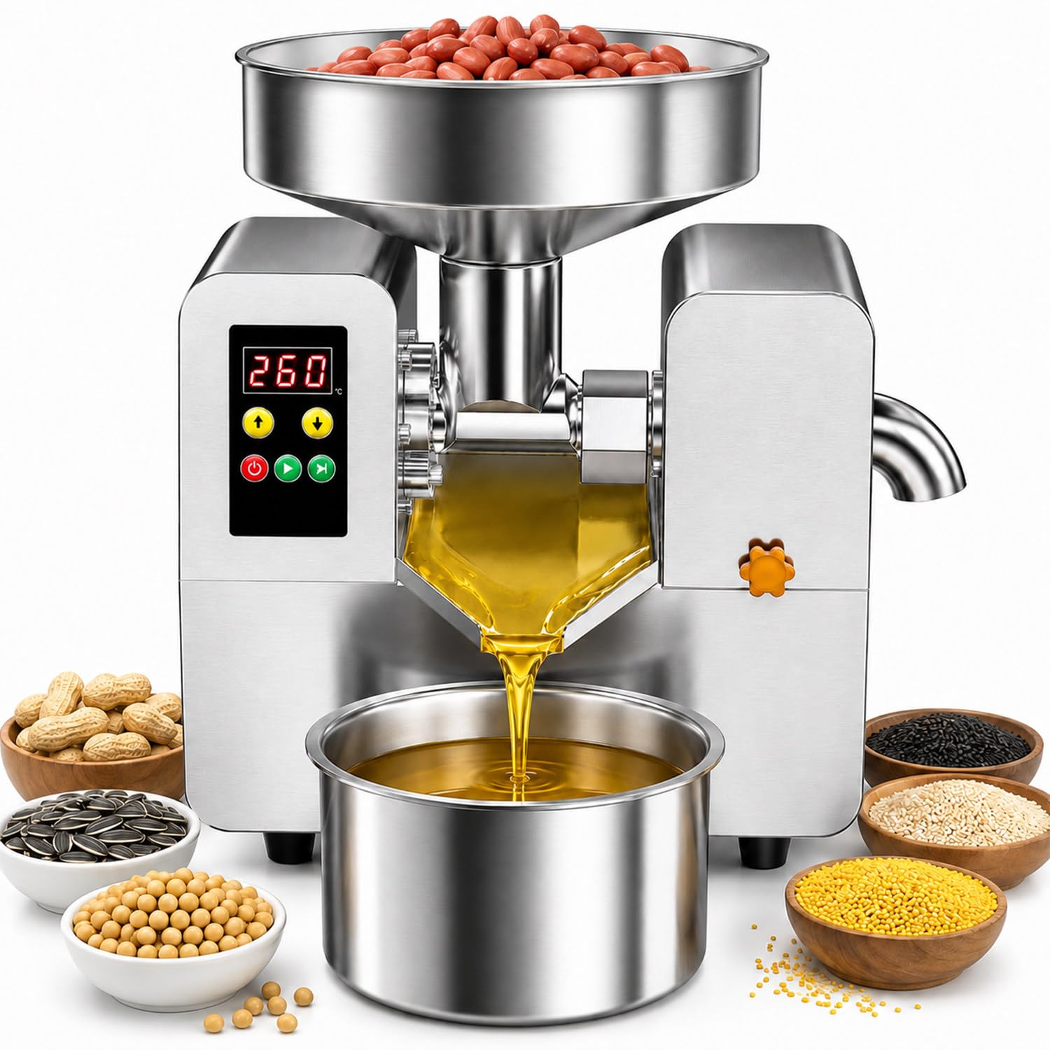 Macchina per Olio, Oil Press, Spremi Olive, Pressa per Olio, Frantoio Olive | Regolabile 40–300°C, 5–9 Kg/H, Con Bacinella Di Raccolta Olio Da 0,8 L, Pressatura A Caldo E A Freddo, Per Vari Semi