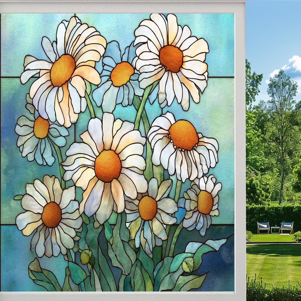 Countryside Daisy Privacy Window Film, Vintage Floral Natural Plants Frosted Self-Adhesive Vinyl Cling for Glass Doors Bathroom Windows Sun Blocking Heat Control, （55x120cm）