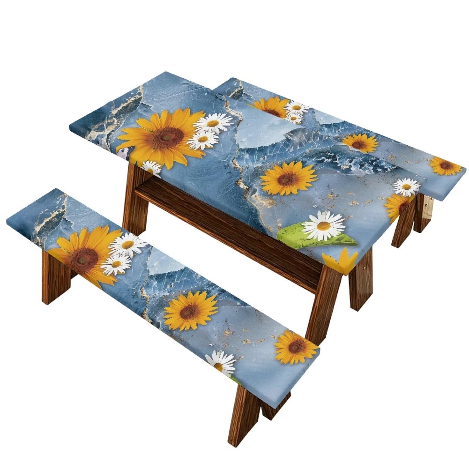 Cugasmaru Picnic Table Covers with Elastic Sunflower 8 Ft Fitted Picnic Table Cover with Bench Covers 3 Piece Set Camping Gear Waterproof Stain Resistant Reusable Flannel Backing